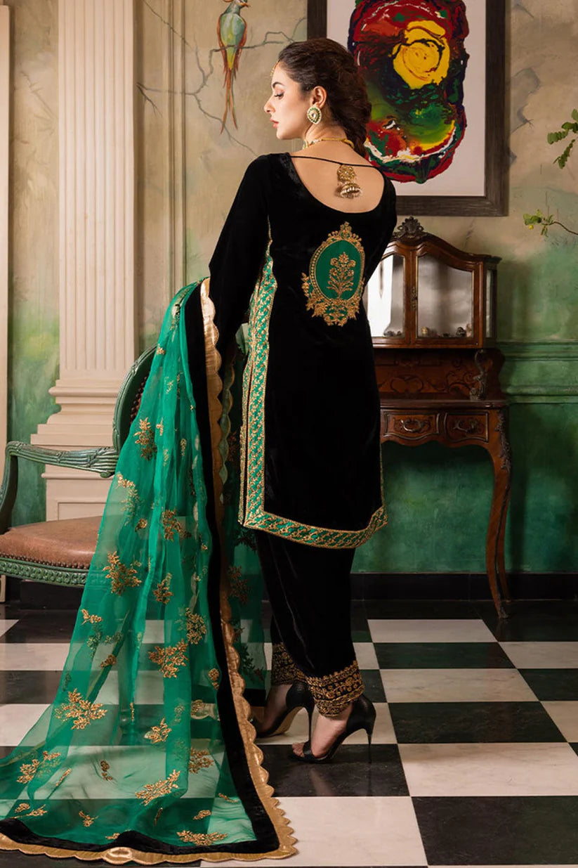 Unstitched 3PCs Embroidered Velvet With Organza Dopata