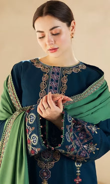 3 Piece Unstitched Heavy Embroidered Dhanak Suit With Four Sided Embroidered Dhanak Shawl