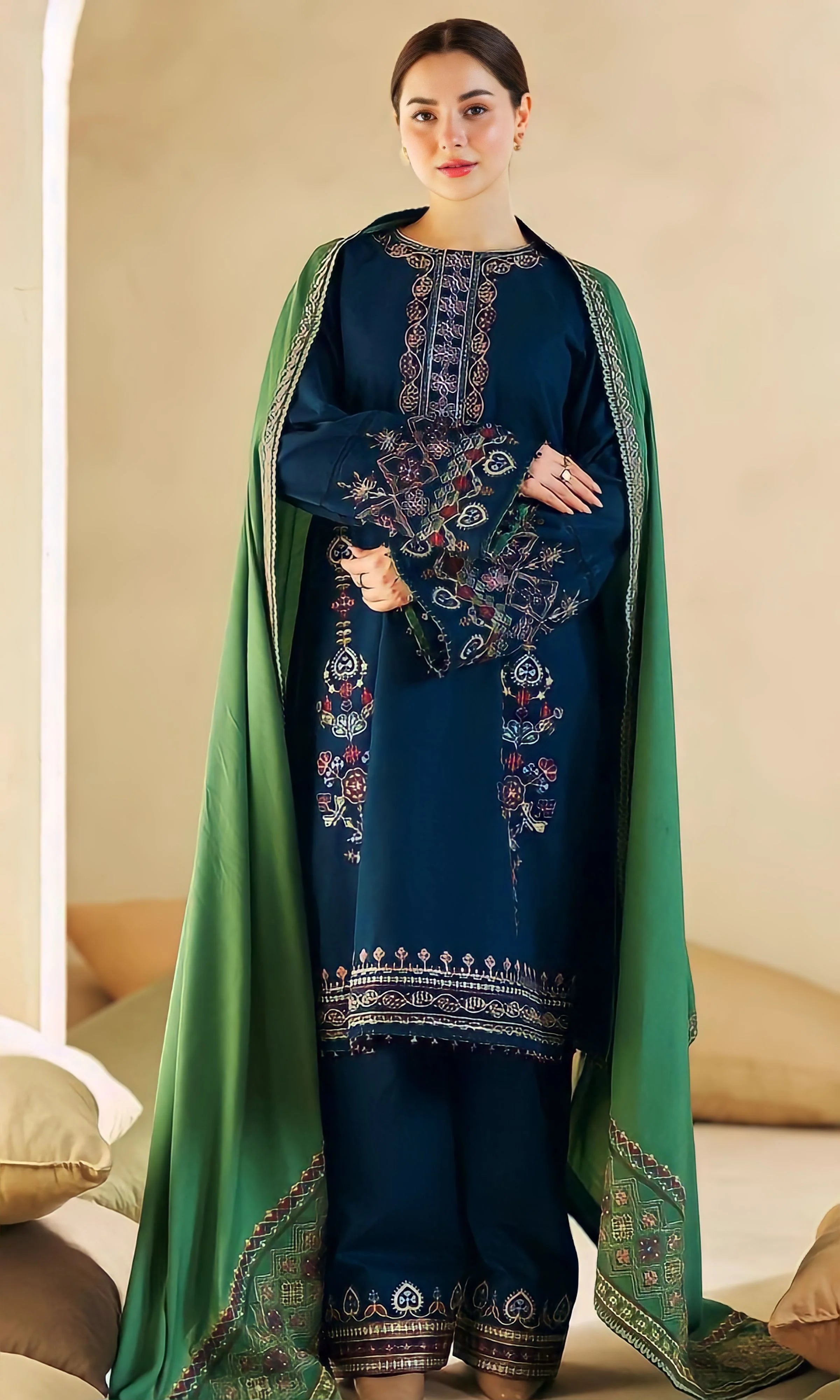 3 Piece Unstitched Heavy Embroidered Dhanak Suit With Four Sided Embroidered Dhanak Shawl