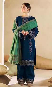 3 Piece Unstitched Heavy Embroidered Dhanak Suit With Four Sided Embroidered Dhanak Shawl