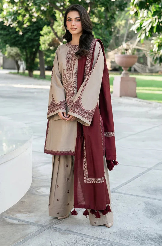 Baroque - 3PC Lawn Embroidered Suit With Printed Dupatta
