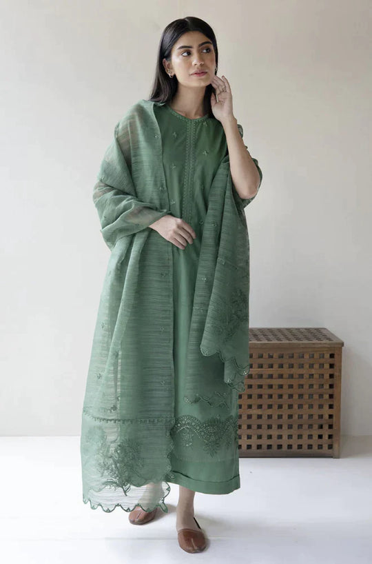 DYOT 3PC Lawn Embroidered Shirt With Organza Embroidered Dupatta