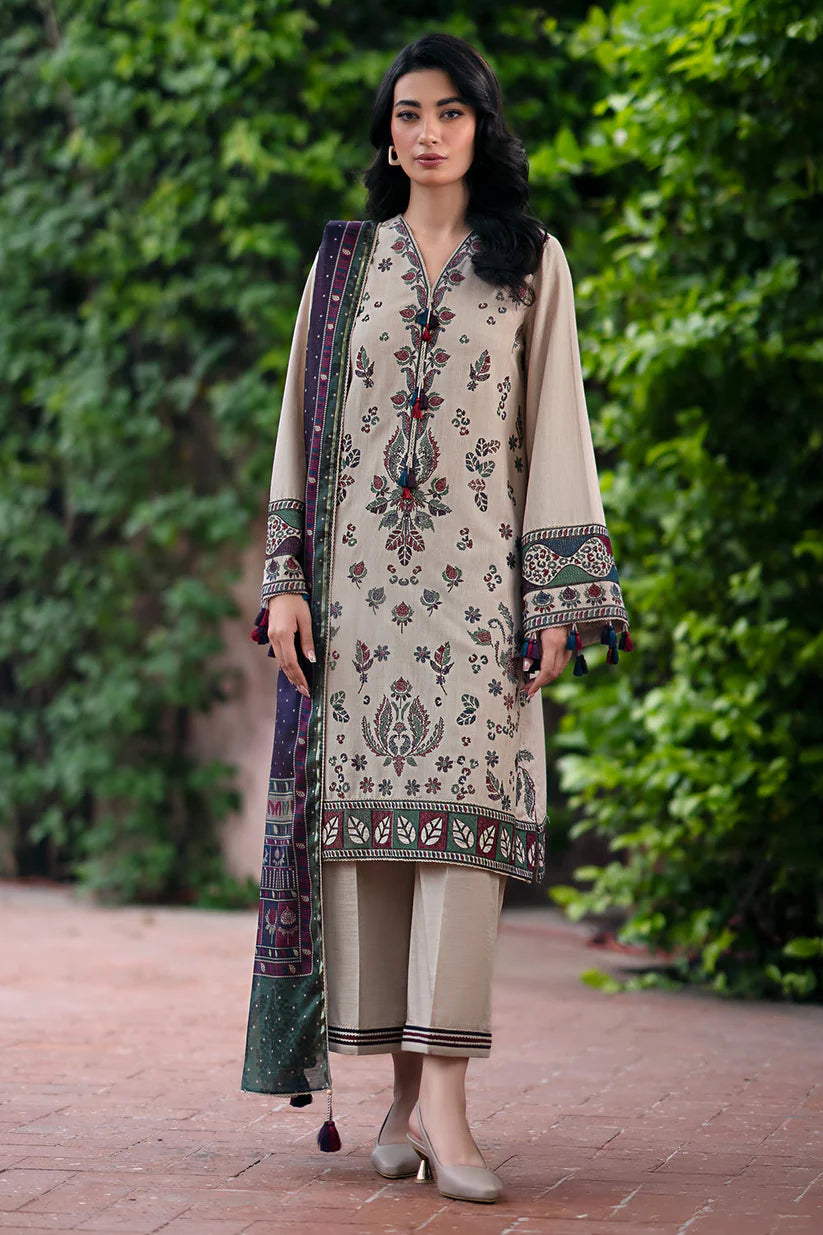 JAZMIN-3PC DHANAK EMBROIDRED SHIRT WITH WOOL PRINT SHAWL AND TROUSER