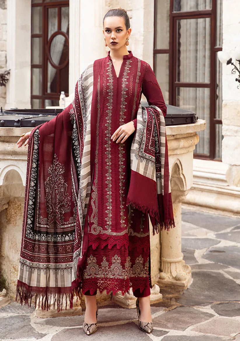 MARIA B - 3PC DHANAK EMBROIDERED SHIRT WITH COUTURE WOOL PRINT SHAWL AND DHANAK TROUSER