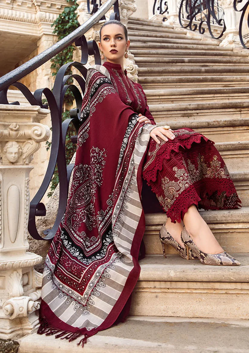 MARIA B - 3PC DHANAK EMBROIDERED SHIRT WITH COUTURE WOOL PRINT SHAWL AND DHANAK TROUSER