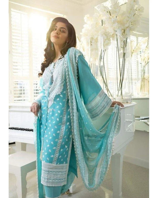 3Pc Embroidered Lawn Shirt With Embroidered Bamber Chiffon Dupatta