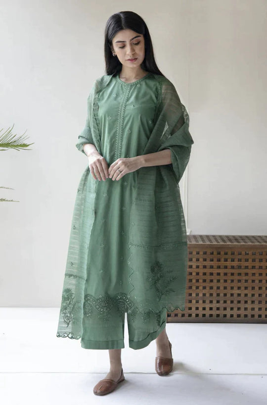DYOT 3PC Lawn Embroidered Shirt With Organza Embroidered Dupatta