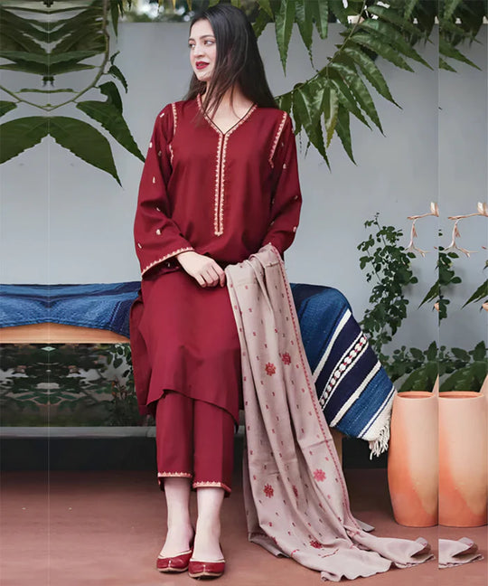 Asling 3PC Dhanak suit with Embroidered Shawll