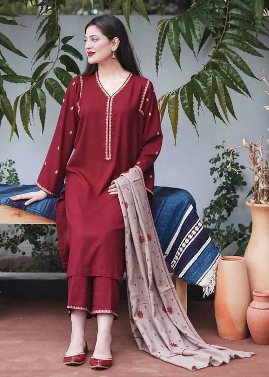 Asling 3PC Dhanak suit with Embroidered Shawll