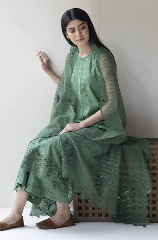 DYOT 3PC Lawn Embroidered Shirt With Organza Embroidered Dupatta