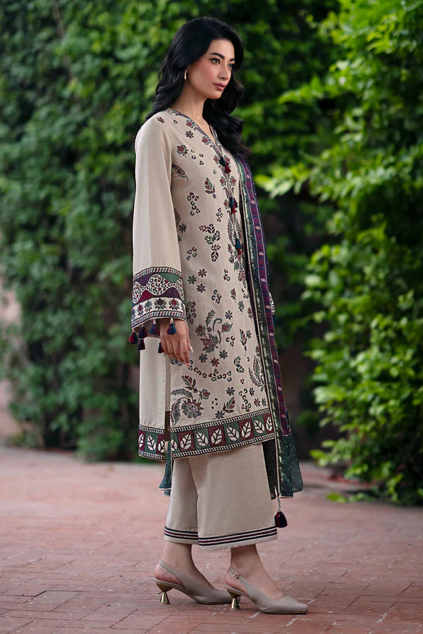 JAZMIN-3PC DHANAK EMBROIDRED SHIRT WITH WOOL PRINT SHAWL AND TROUSER