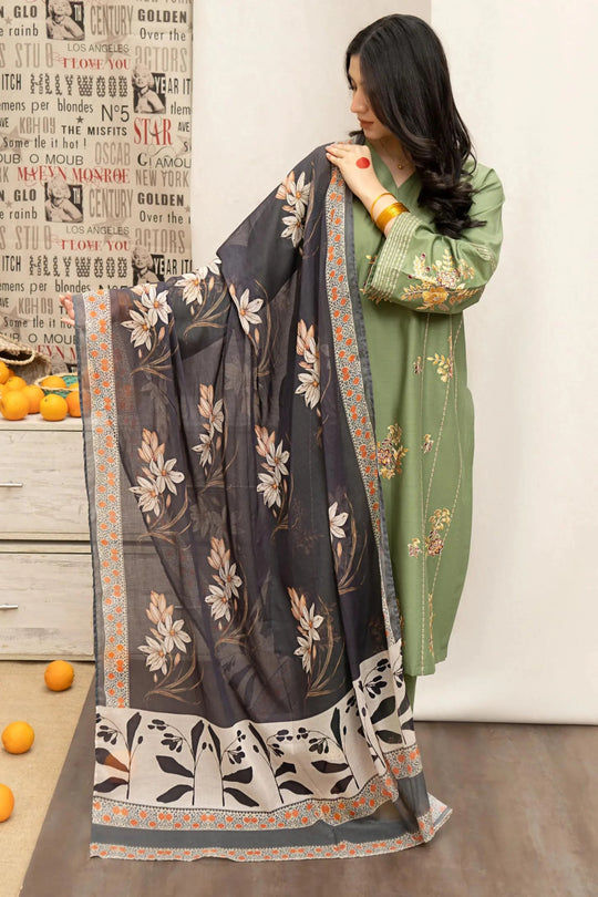 3 Piece Unstitched Heavy Embroidered Dhanak Suit with Printed Woolen Shawl
