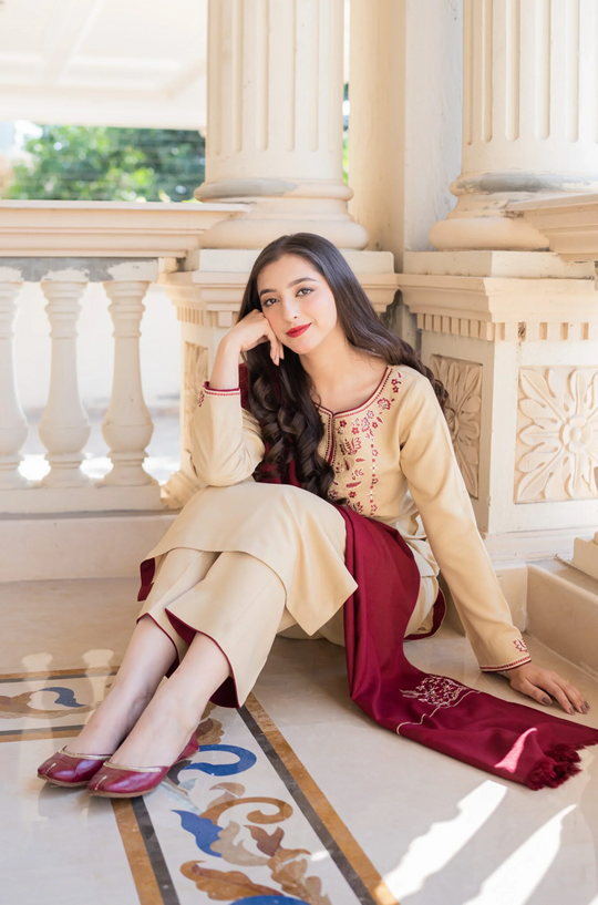 Aisling - WINTER 3PC Dhanak suit with Embroidered Shawll