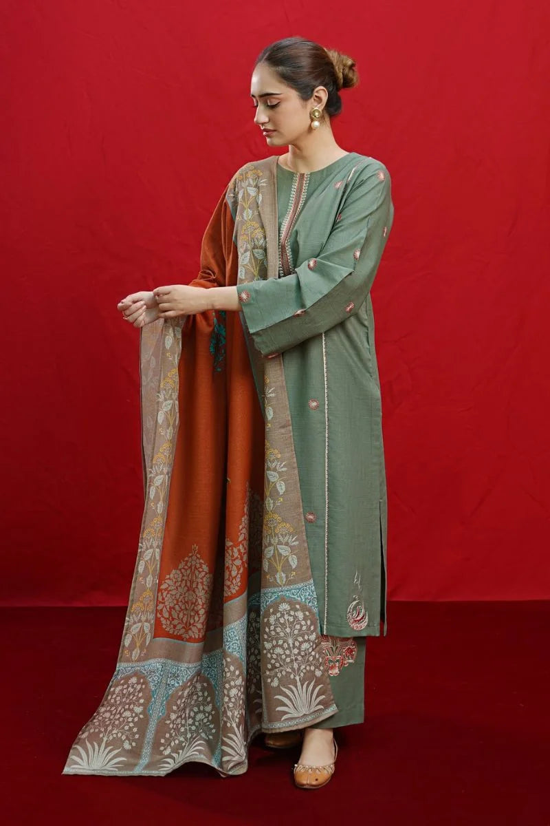 URGE-3PC DHANAK EMBROIDERED SHIRT WITH COUTURE PRINTED SHAWL & EMB TROUSER