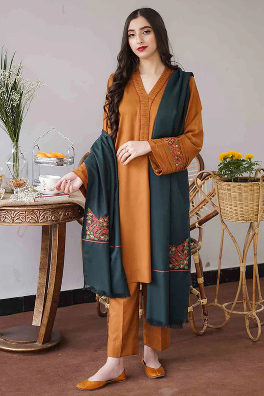 Asling 3PC Dhanak suit with Embroidered Shawll