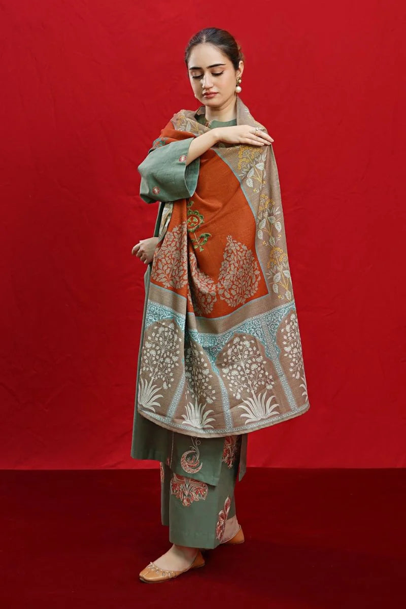 URGE-3PC DHANAK EMBROIDERED SHIRT WITH COUTURE PRINTED SHAWL & EMB TROUSER