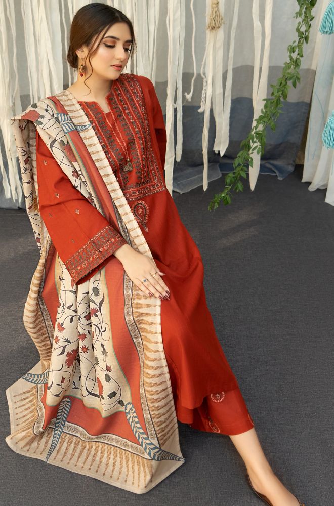 URGE - 3PC DHANAK EMBROIDERED SHIRT WITH COUTURE WOOL PRINT SHAWL AND TROUSER