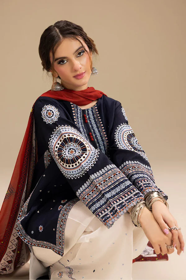 3PC DHANAK EMBROIDERED SHIRT WITH CORTRAI WOOL PRINTED SHAWL AND EMB TROUSER