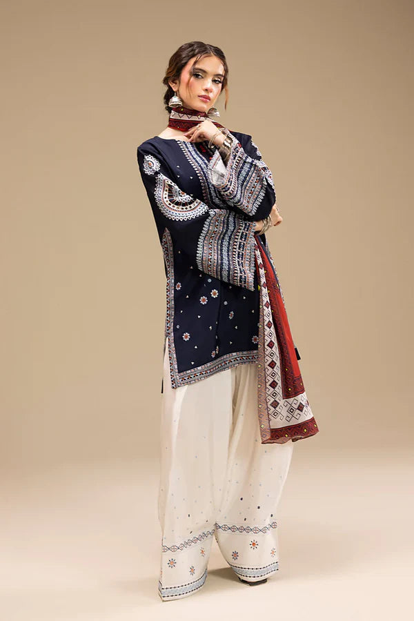 3PC DHANAK EMBROIDERED SHIRT WITH CORTRAI WOOL PRINTED SHAWL AND EMB TROUSER