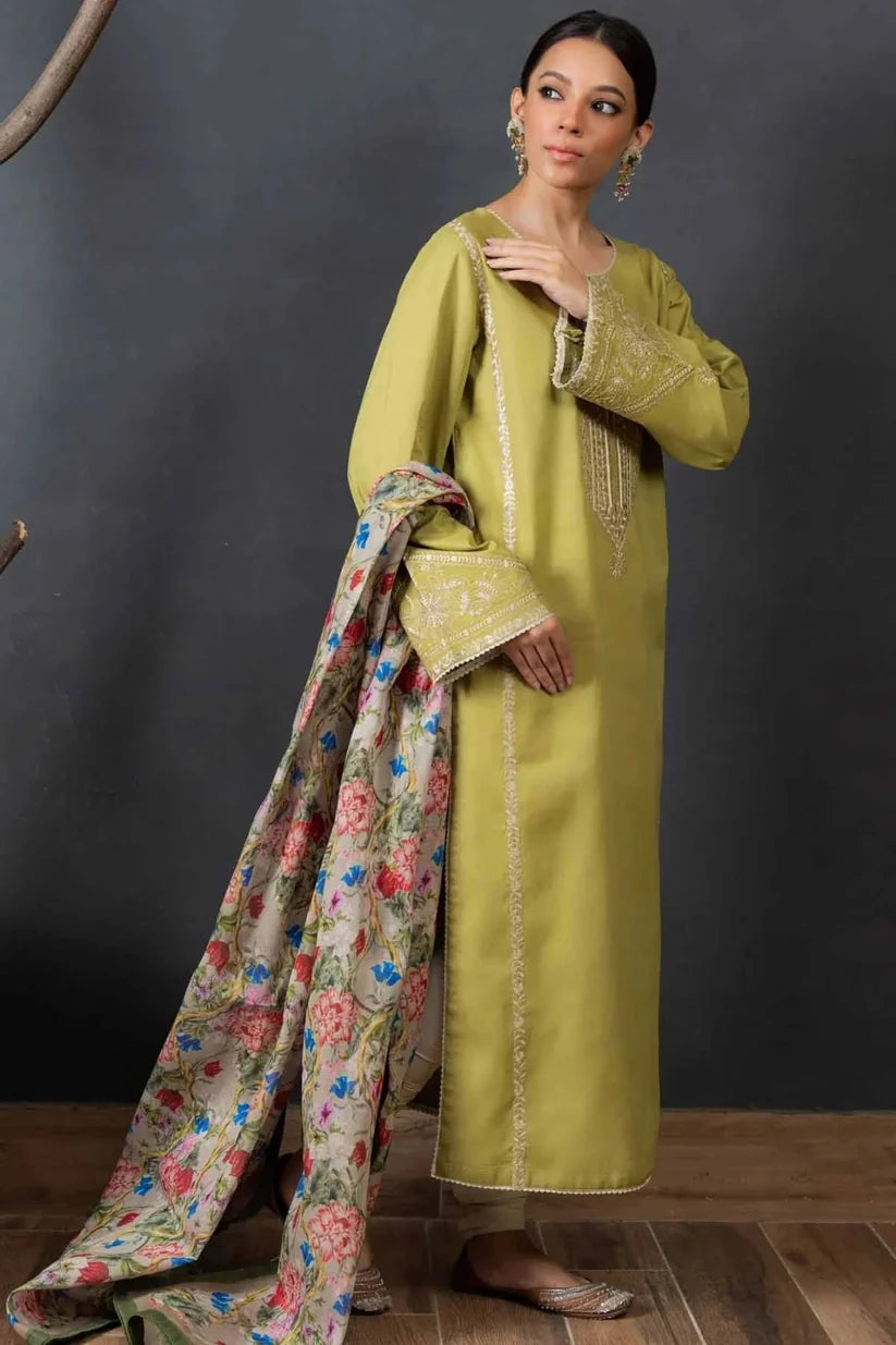 3pc Lawn Embroidered Dress With Printed Dupatta