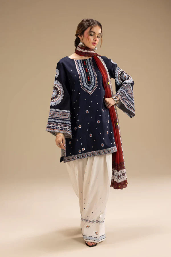 3PC DHANAK EMBROIDERED SHIRT WITH CORTRAI WOOL PRINTED SHAWL AND EMB TROUSER