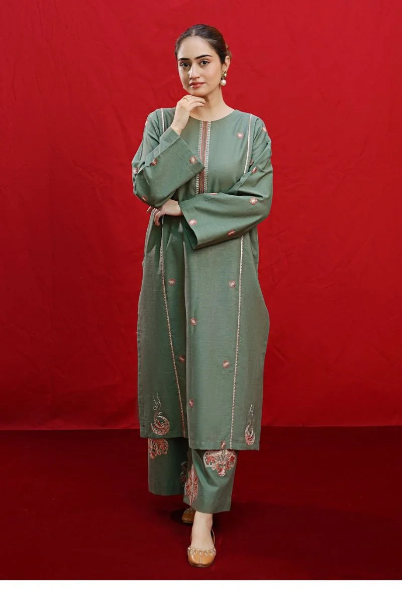 URGE-3PC DHANAK EMBROIDERED SHIRT WITH COUTURE PRINTED SHAWL & EMB TROUSER