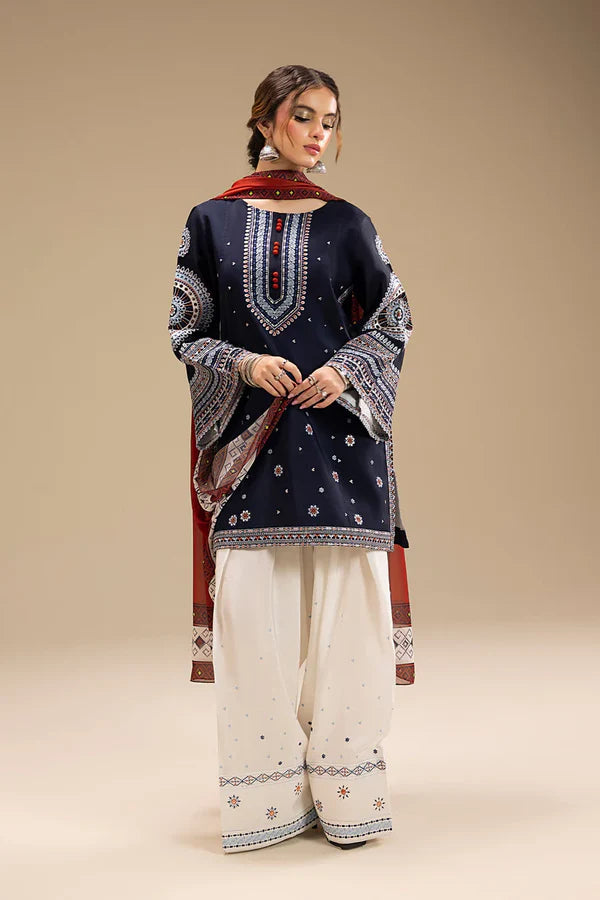 3PC DHANAK EMBROIDERED SHIRT WITH CORTRAI WOOL PRINTED SHAWL AND EMB TROUSER