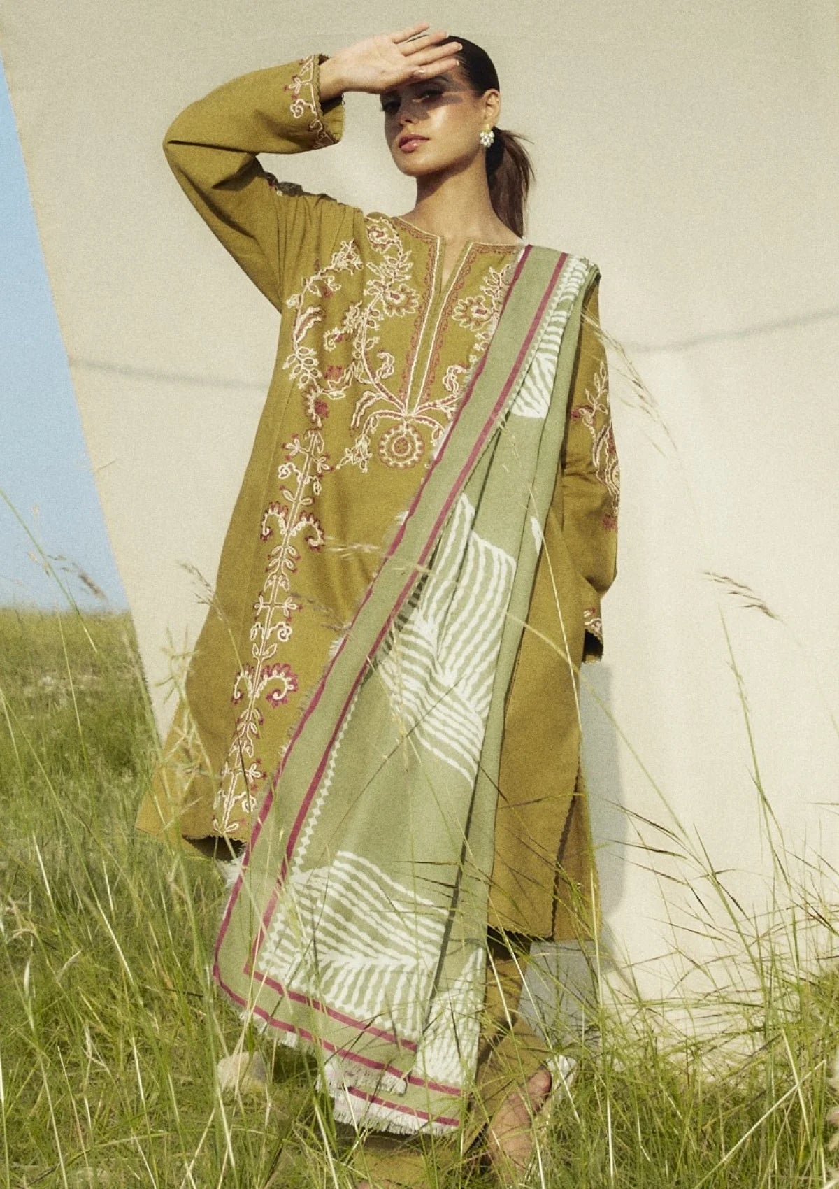 3PC DHANAK EMBROIDERED SHIRT WITH COUTURE PRINTED SHAWL