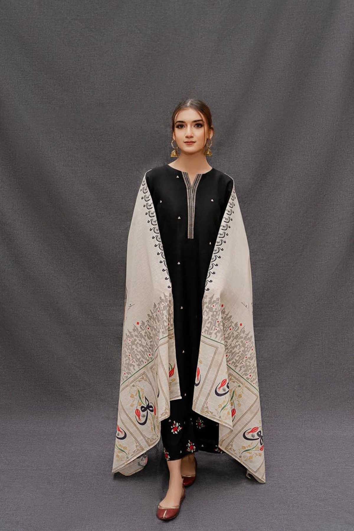 3 Piece Unstitched Heavy Embroidered Dhanak Suit with Printed Woolen Shawl