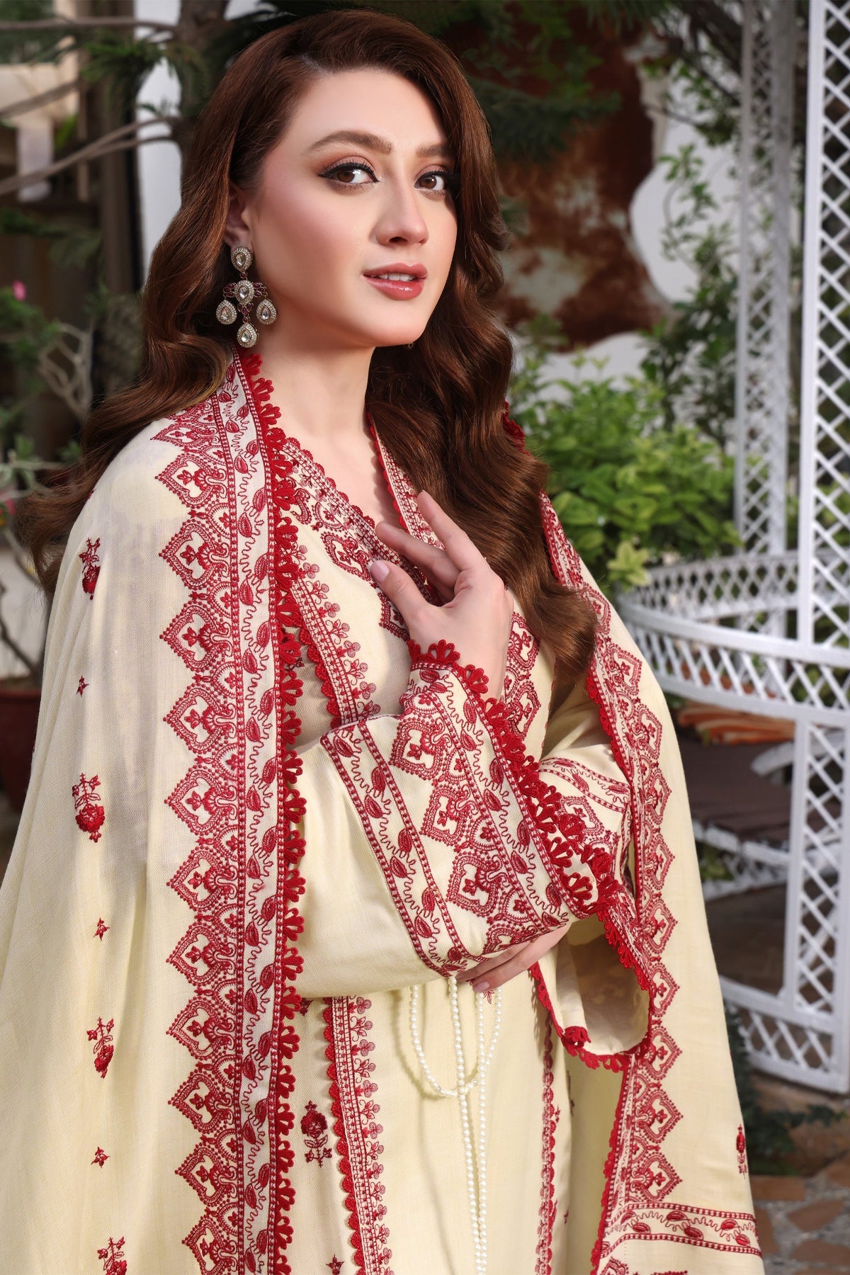 ASIM JOFA-3PC DHANAK EMBROIDERED SHIRT WITH DHANAK EMBROIDERED SHAWL & TROUSER