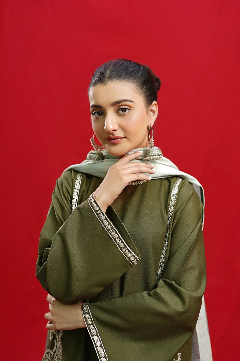 Urge- 3PC Dhanak Embroidered Shirt With Twil Print Wool Shawl & Trouser