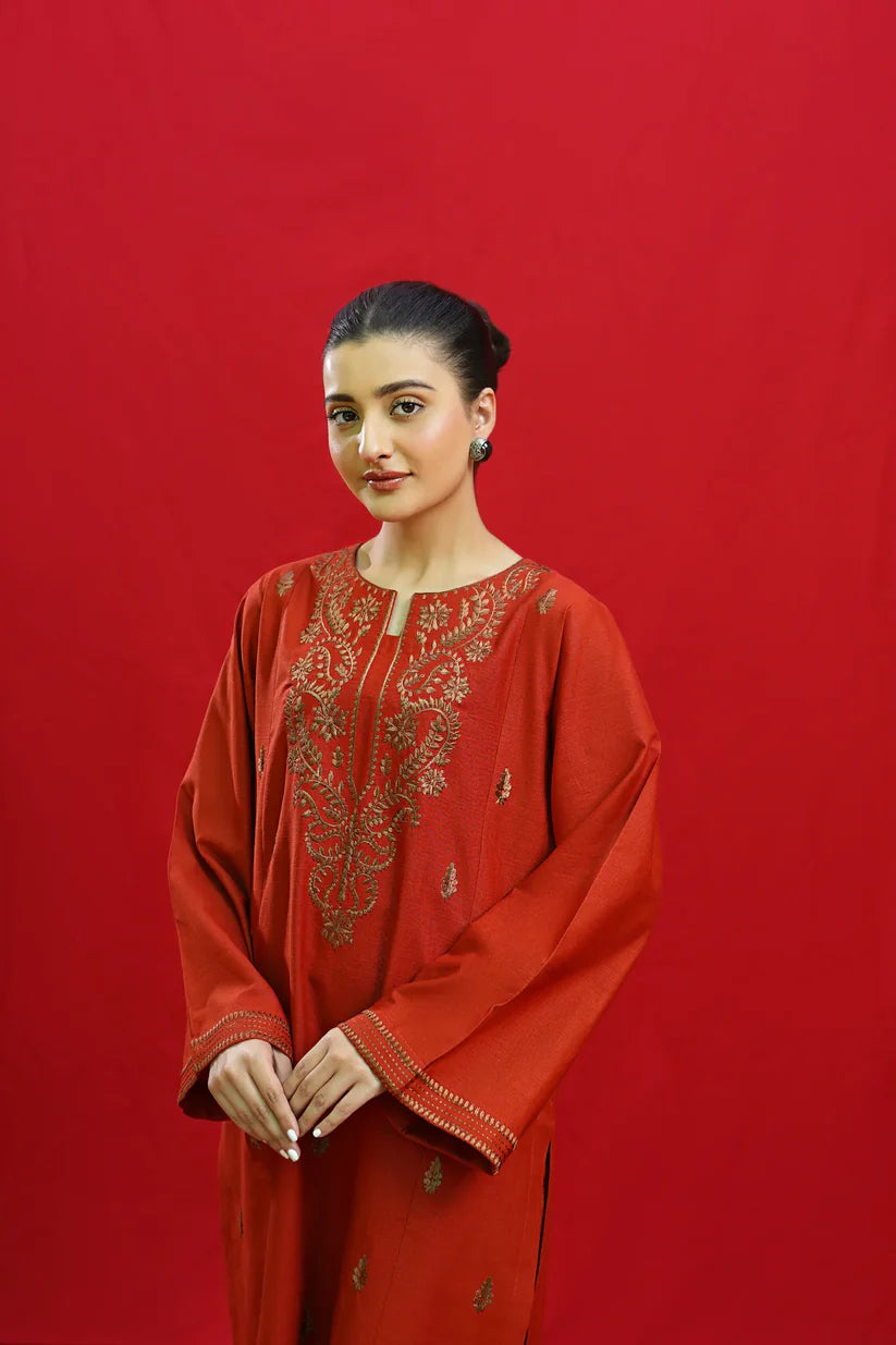 URGE-3PC DHANAK EMBROIDERED SHIRT WITH COUTURE PRINTED SHAWL & EMB TROUSER