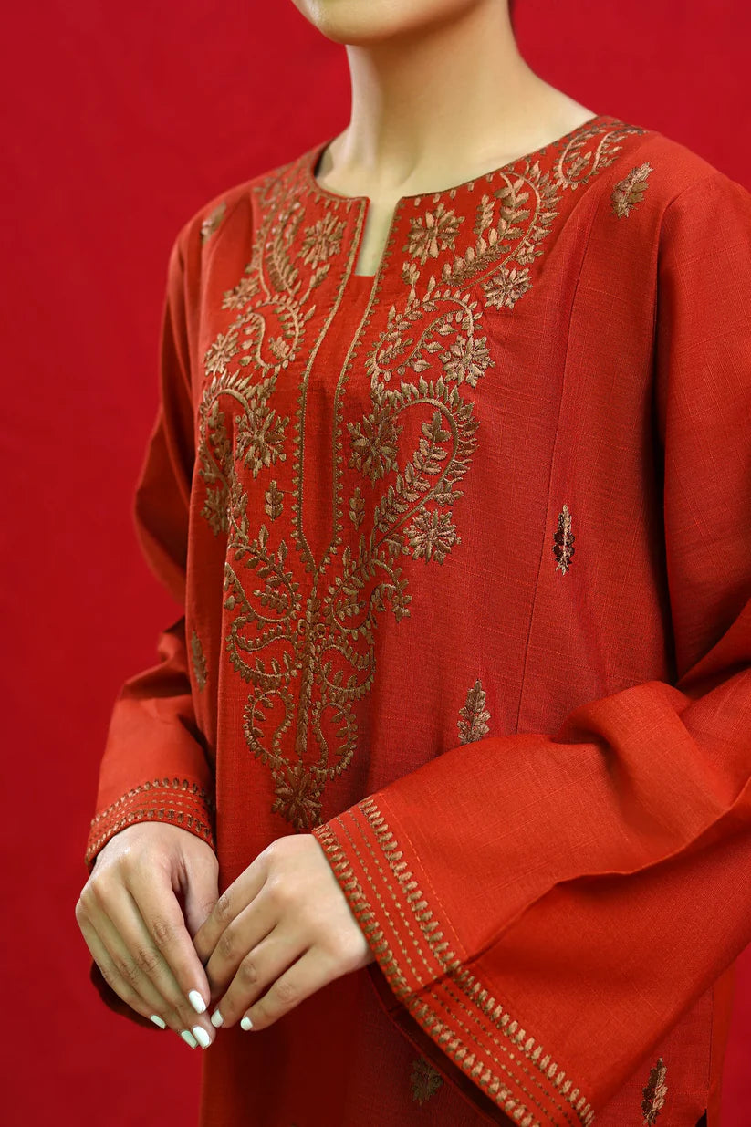 URGE-3PC DHANAK EMBROIDERED SHIRT WITH COUTURE PRINTED SHAWL & EMB TROUSER