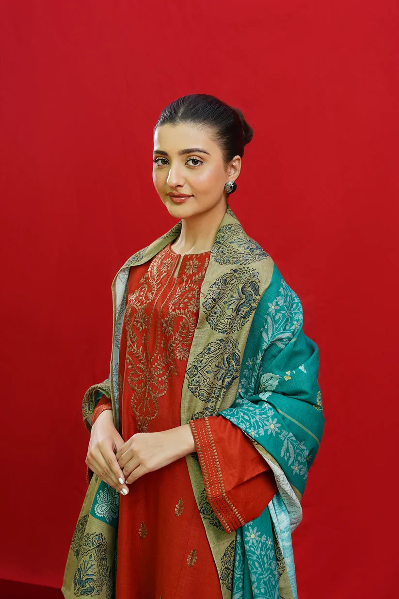 URGE-3PC DHANAK EMBROIDERED SHIRT WITH COUTURE PRINTED SHAWL & EMB TROUSER
