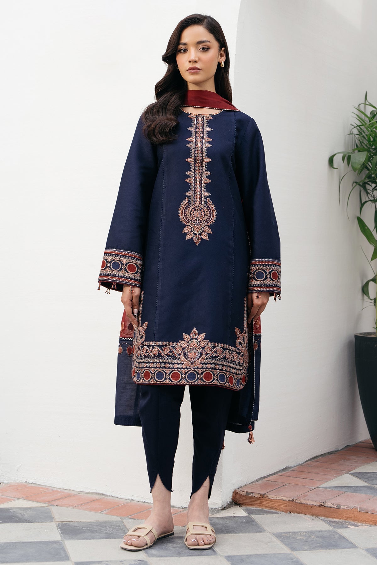 JAZMIN 3PC DHANAK EMBROIDERED SHIRT WITH CORTRAI WOOL PRINTED SHAWL AND TROUSER