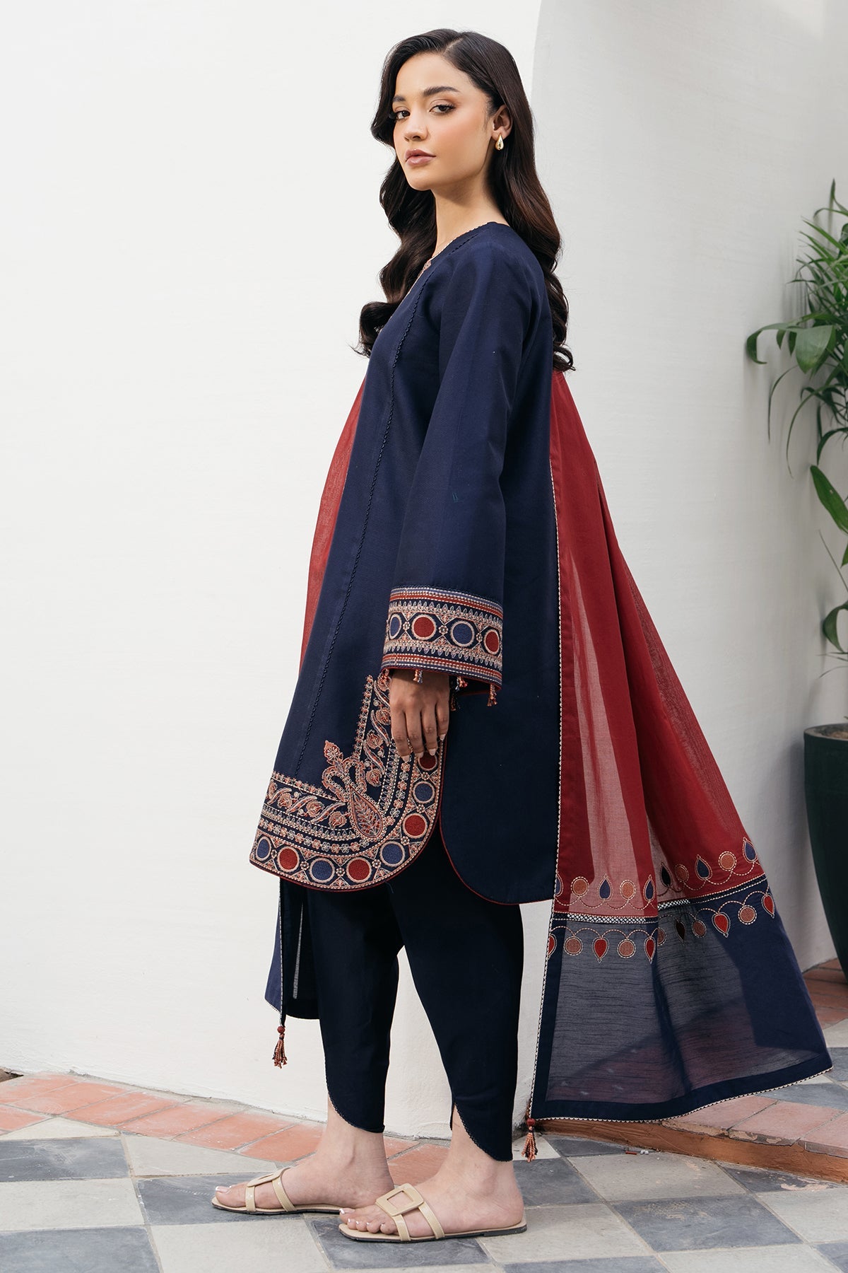 JAZMIN 3PC DHANAK EMBROIDERED SHIRT WITH CORTRAI WOOL PRINTED SHAWL AND TROUSER