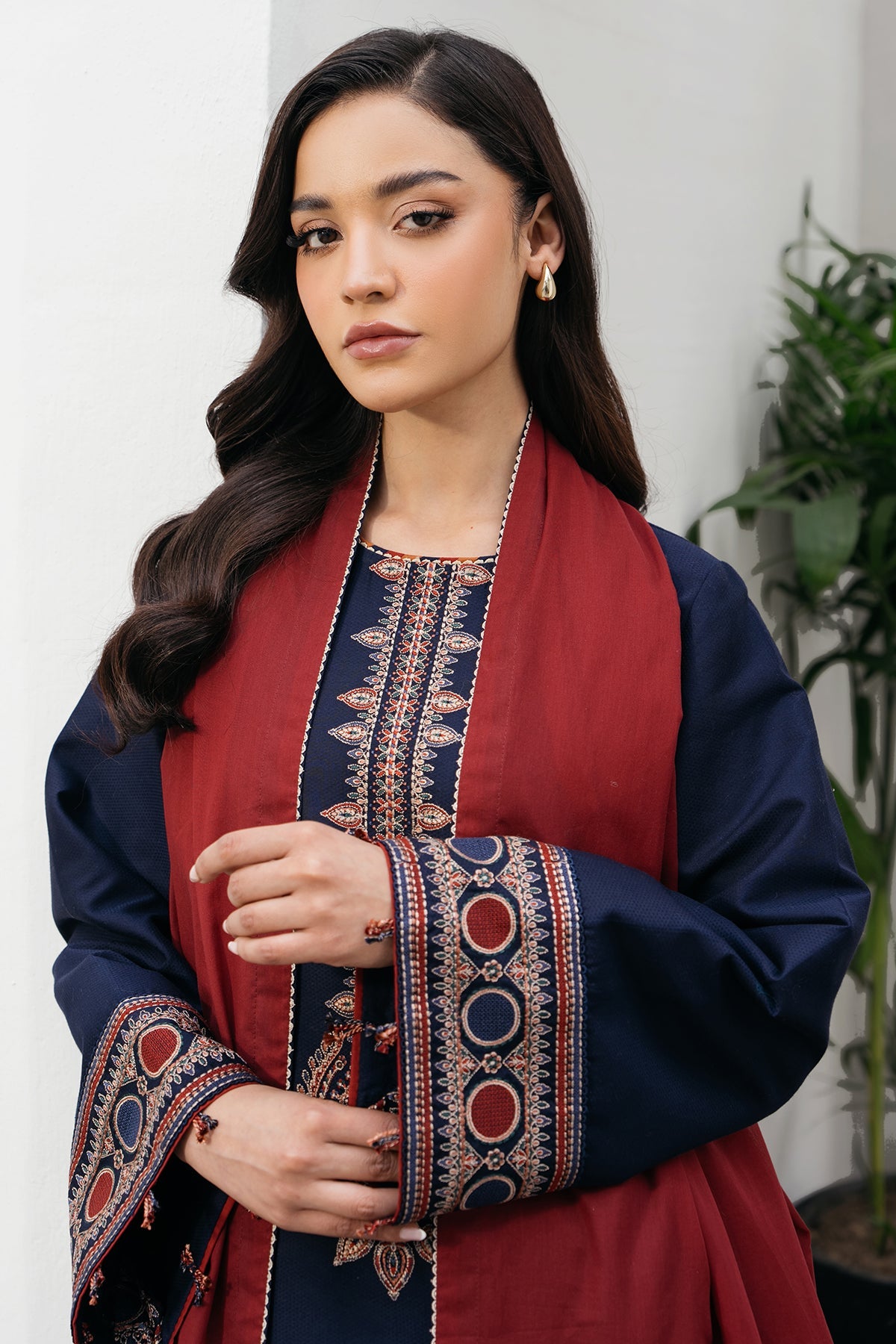 JAZMIN 3PC DHANAK EMBROIDERED SHIRT WITH CORTRAI WOOL PRINTED SHAWL AND TROUSER