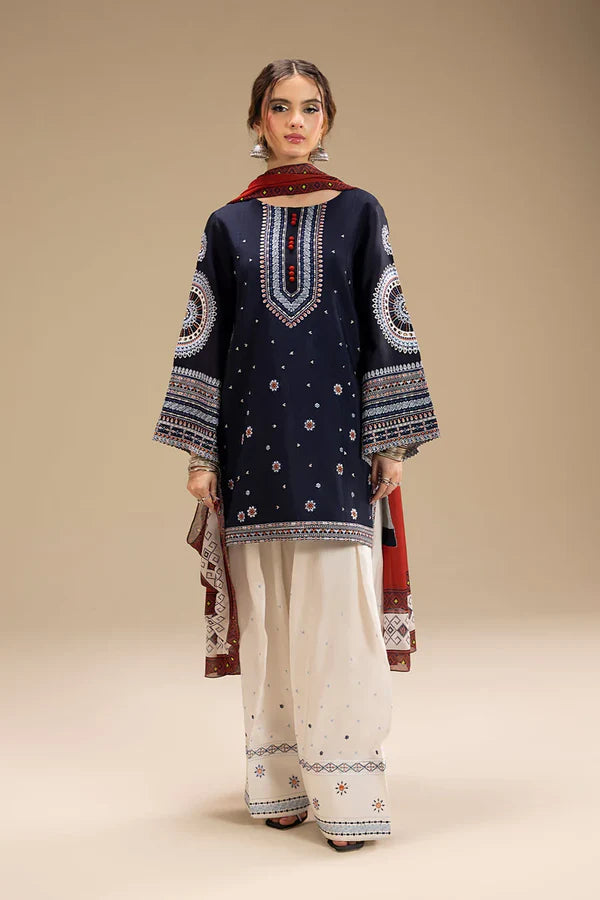 3PC DHANAK EMBROIDERED SHIRT WITH CORTRAI WOOL PRINTED SHAWL AND EMB TROUSER