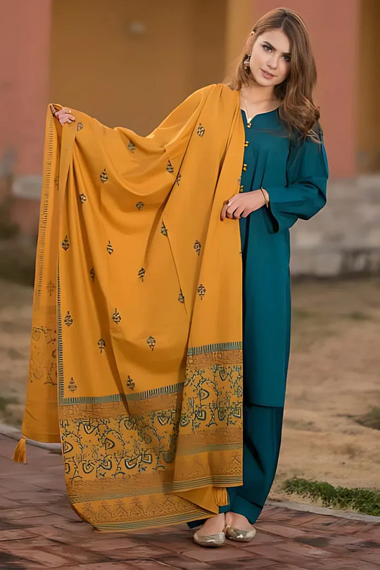 3 Piece Dhanak Suit with embroided dhannak shawll