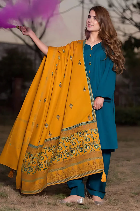 3 Piece Dhanak Suit with embroided dhannak shawll