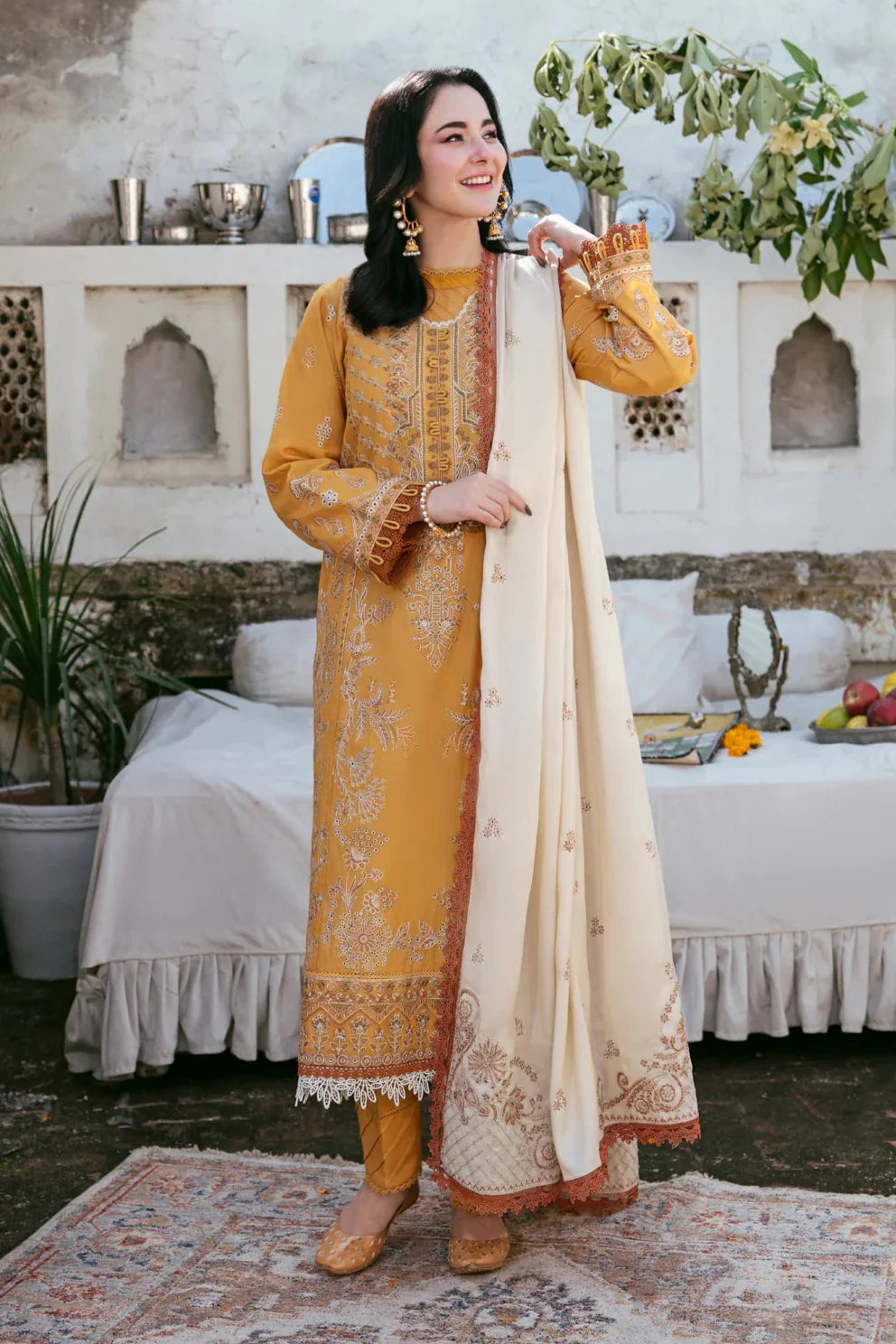 FLORENT-3PC DHANAK EMBROIDERED SHIRT WITH DHANAK EMBROIDERED SHAWL AND TROUSER