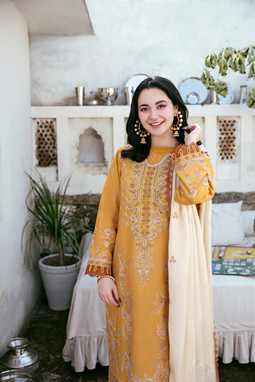 FLORENT-3PC DHANAK EMBROIDERED SHIRT WITH DHANAK EMBROIDERED SHAWL AND TROUSER