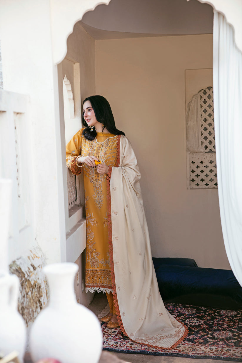 FLORENT-3PC DHANAK EMBROIDERED SHIRT WITH DHANAK EMBROIDERED SHAWL AND TROUSER