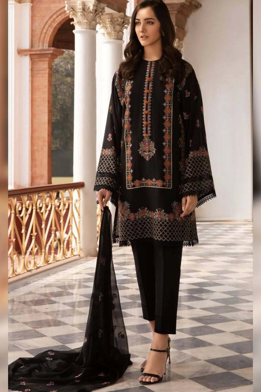 3 Piece Unstitched Heavy Embroidered Lawn Suit With Heavy Embroidered Bamber Chiffon Dupatta