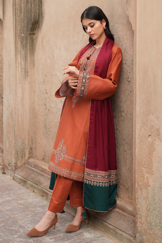 3 Piece Unstitched Heavy Embroidered Dhanak Suit with Printed Woolen Shawl