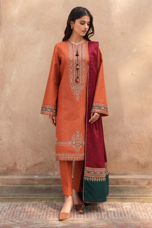 3 Piece Unstitched Heavy Embroidered Dhanak Suit with Printed Woolen Shawl