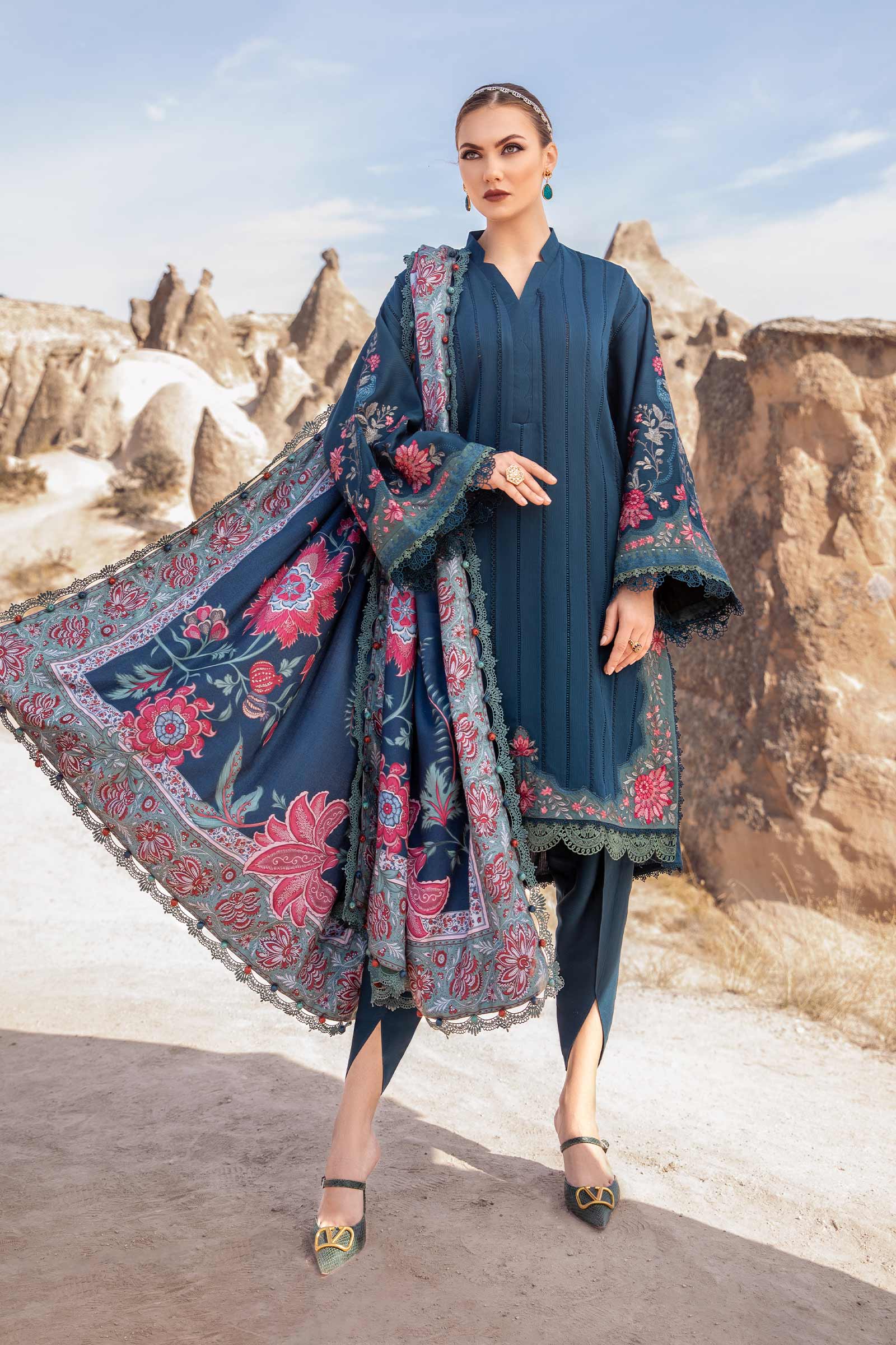 MARIA B - 3PC DHANAK EMBROIDERED SHIRT WITH COUTURE PRINT SHAWL AND TROUSER
