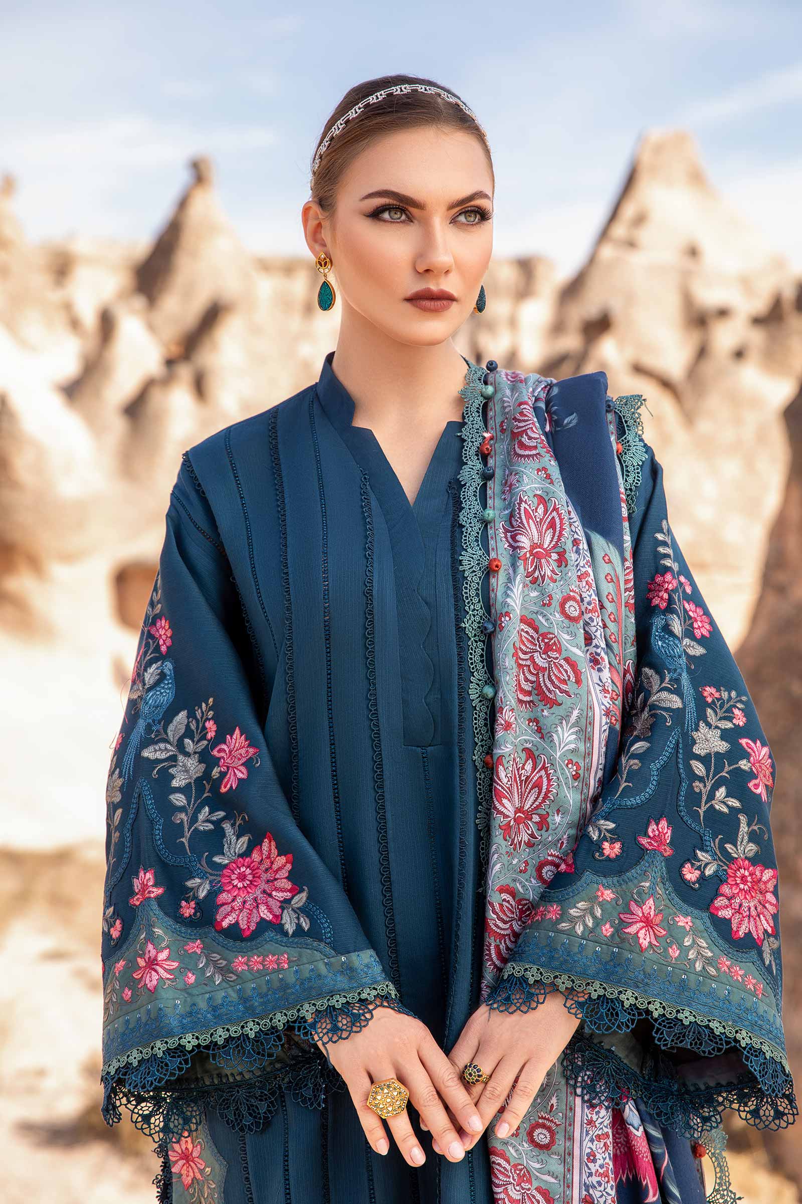 MARIA B - 3PC DHANAK EMBROIDERED SHIRT WITH COUTURE PRINT SHAWL AND TROUSER
