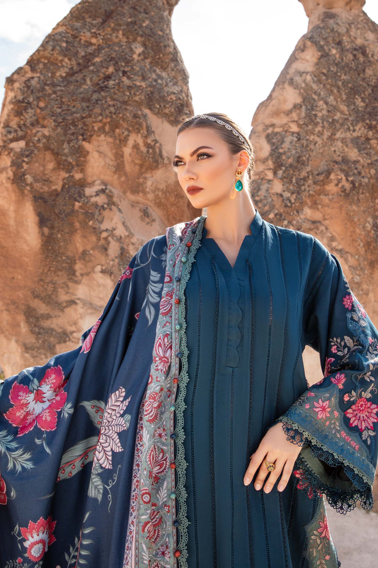 MARIA B - 3PC DHANAK EMBROIDERED SHIRT WITH COUTURE PRINT SHAWL AND TROUSER