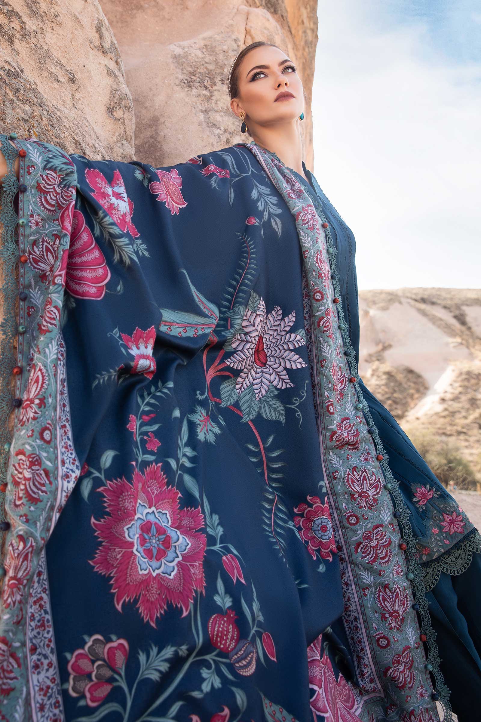 MARIA B - 3PC DHANAK EMBROIDERED SHIRT WITH COUTURE PRINT SHAWL AND TROUSER